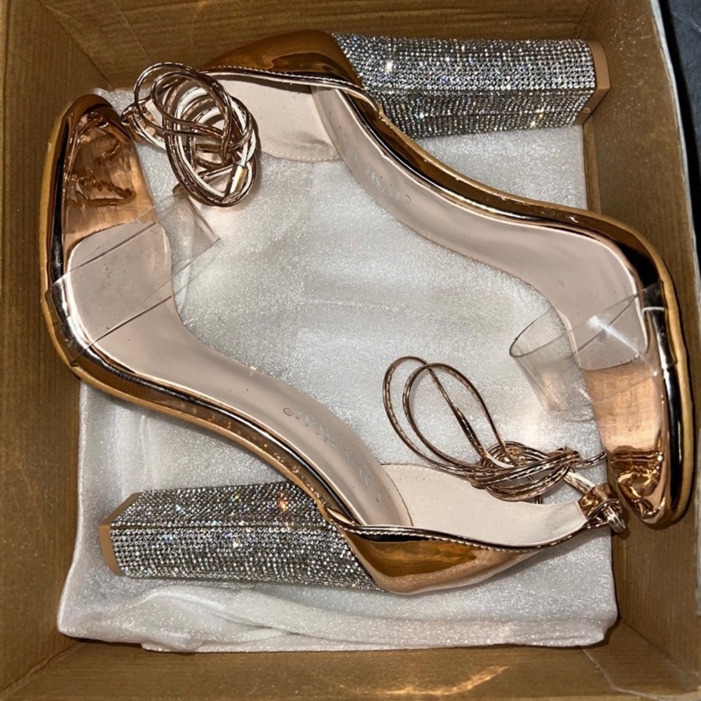 Open toed Crystal chunky heels, Gold sole and lace ties
4.3 inch heel